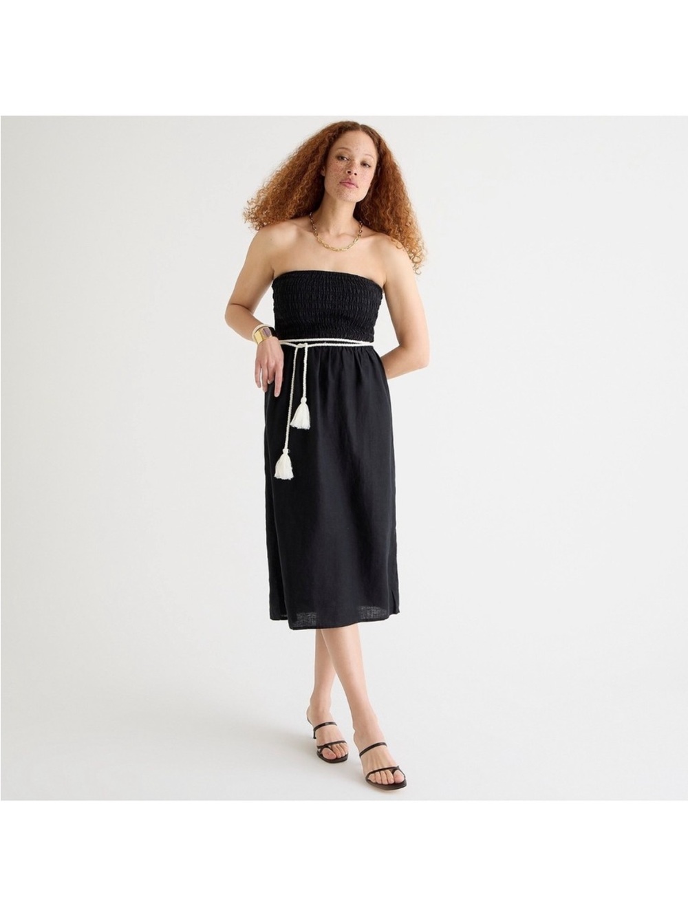 J. Crew Smocked Linen Strapless Midi Dress Black Medium